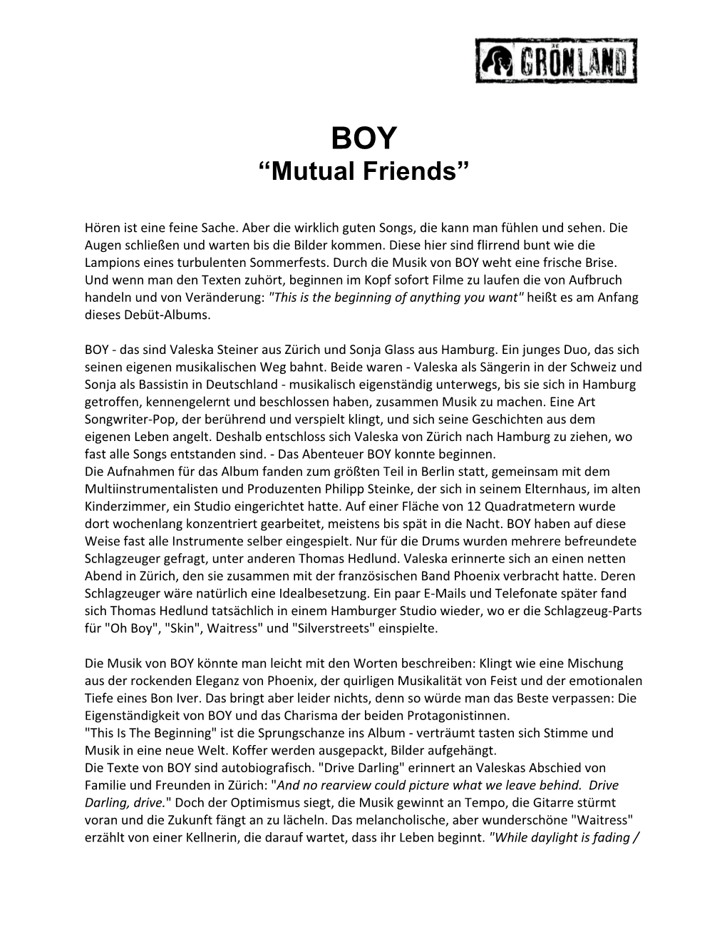 BOY Mutual Friends Album-Biog