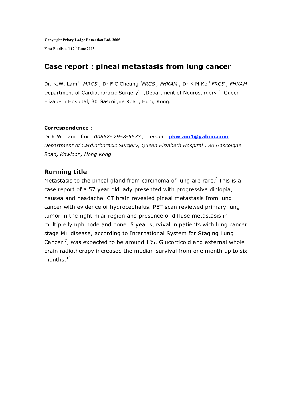 Case Report : Pineal Metastasis from Lung Cancer