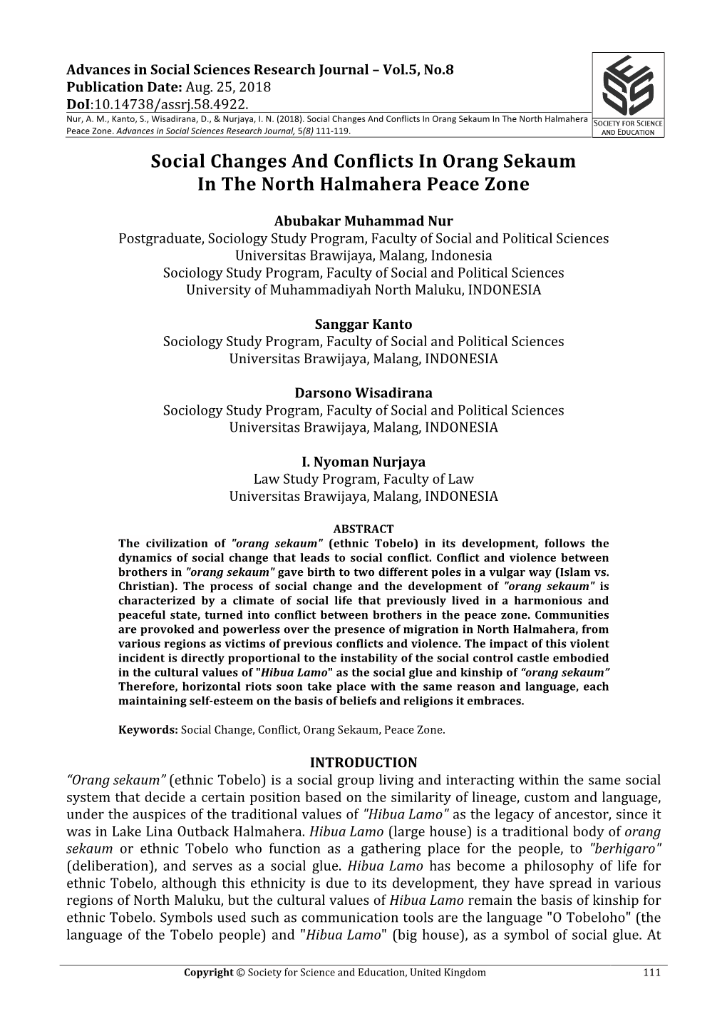 Social Changes and Conflicts in Orang Sekaum in the North Halmahera Peace Zone