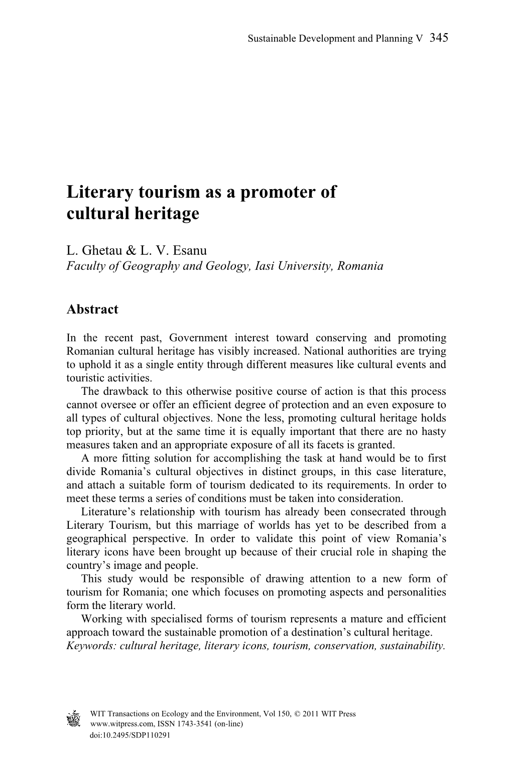 Literary Tourism As a Promoter of Cultural Heritage
