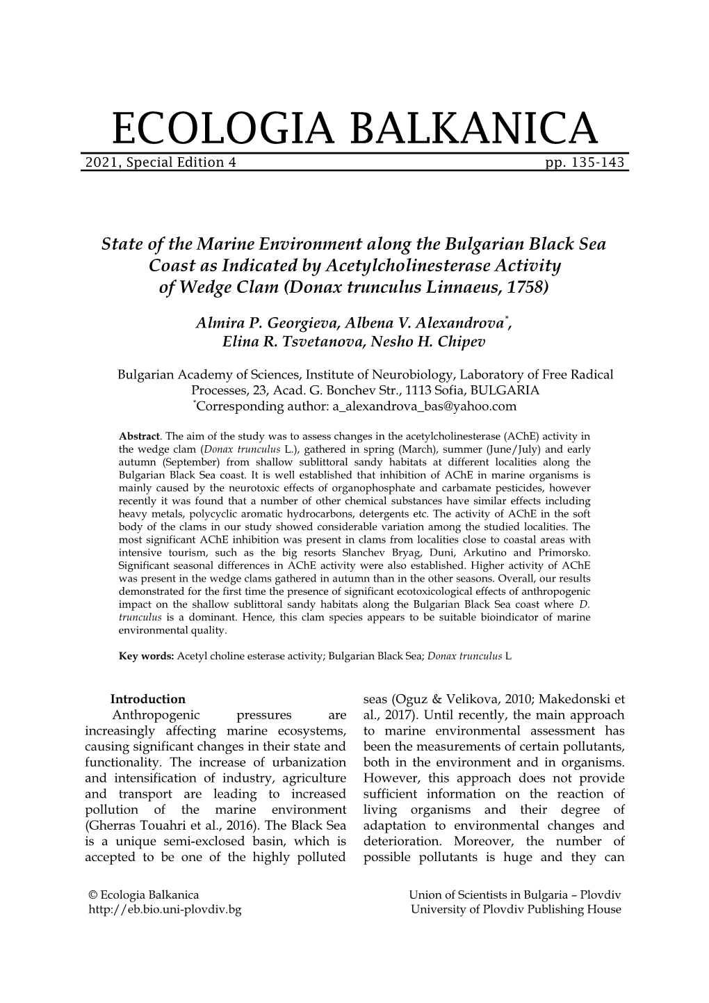 State of the Marine Environment Along the Bulgarian Black Sea Coast As Indicated by Acetylcholinesterase Activity of Wedge Clam (Donax Trunculus Linnaeus, 1758)