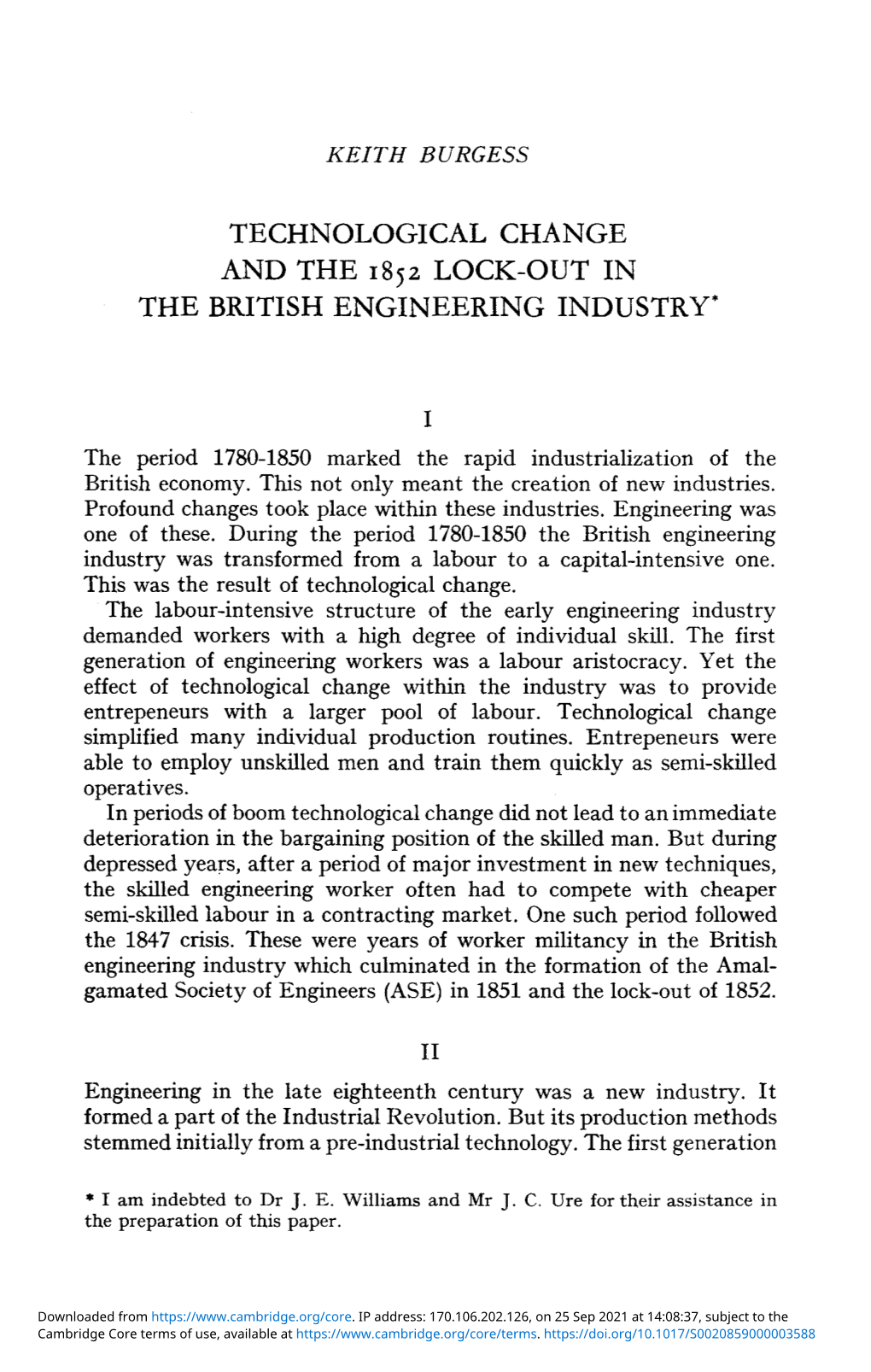 Technological Change and the 1852 Lock-Out in the British Engineering Industry*