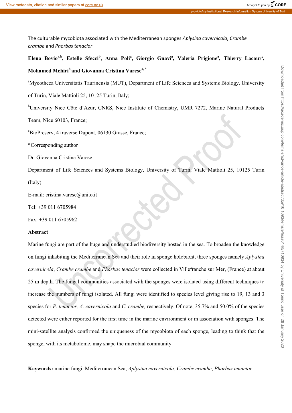 The Culturable Mycobiota Associated with the Mediterranean Sponges Aplysina Cavernicola, Crambe Crambe and Phorbas Tenacior