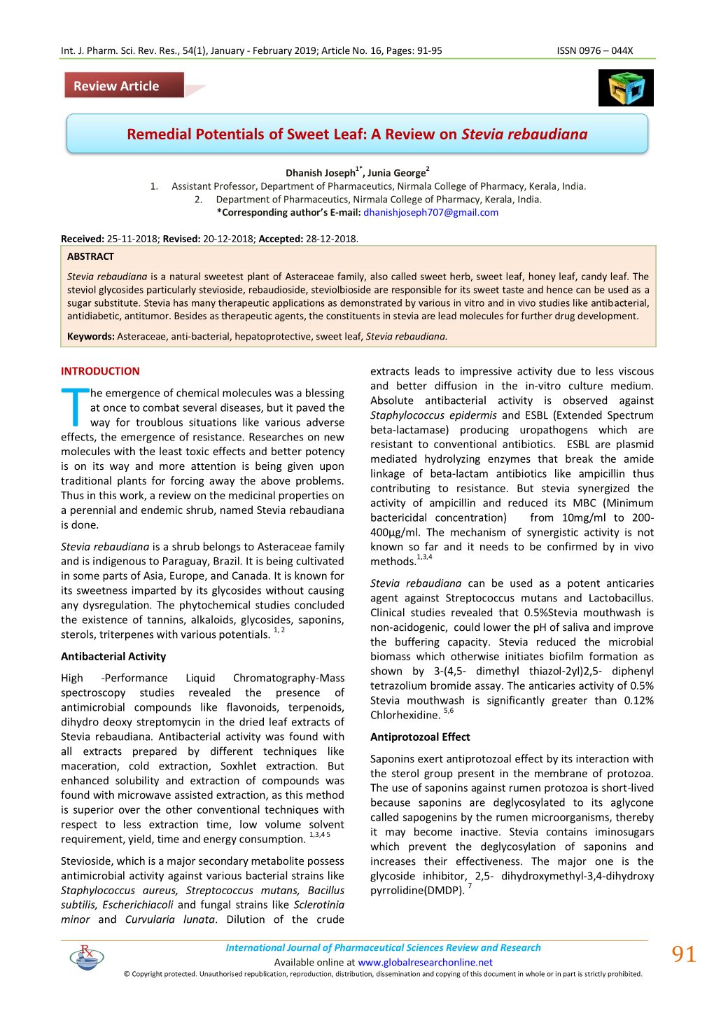 Remedial Potentials of Sweet Leaf: a Review on Stevia Rebaudiana