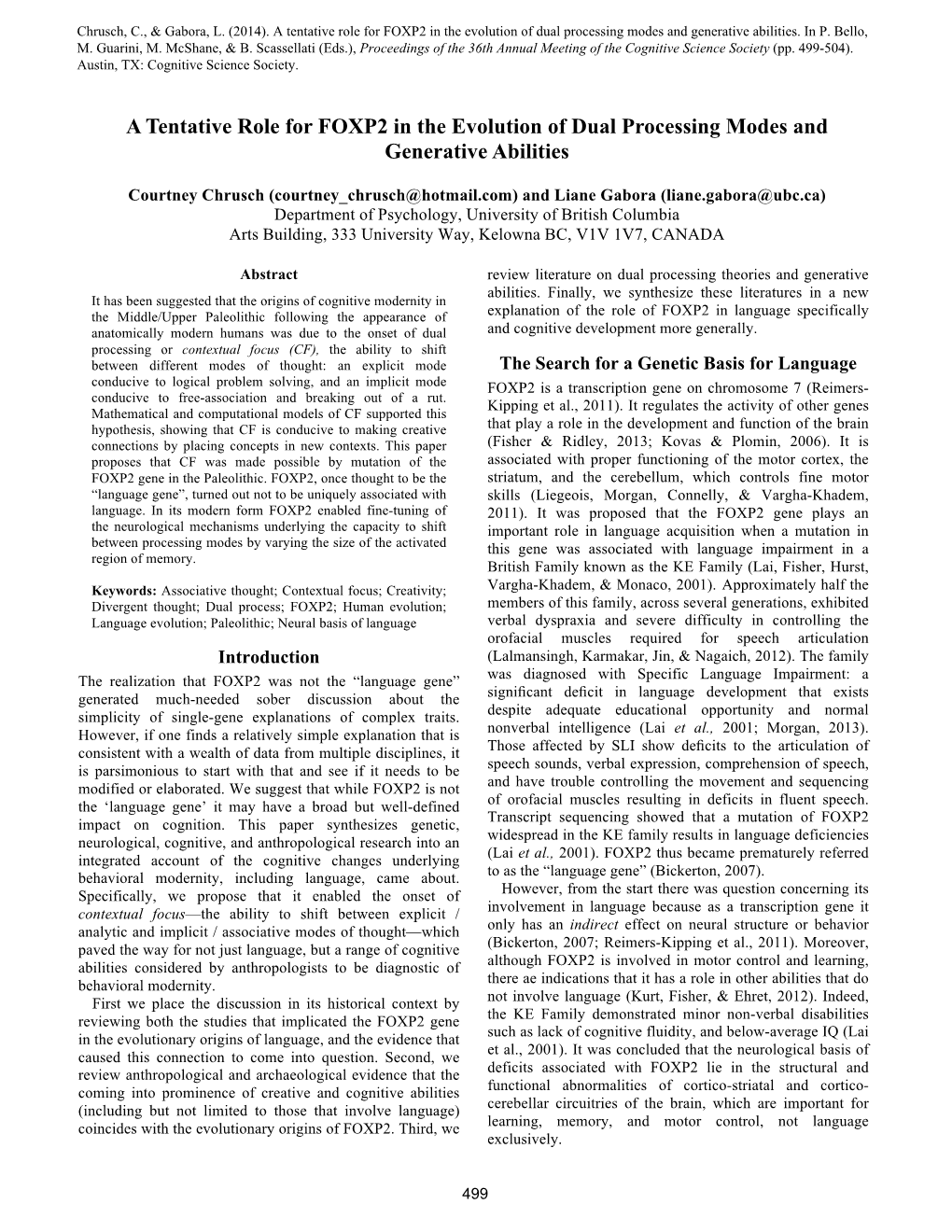 A Tentative Role for FOXP2 in the Evolution of Dual Processing Modes and Generative Abilities