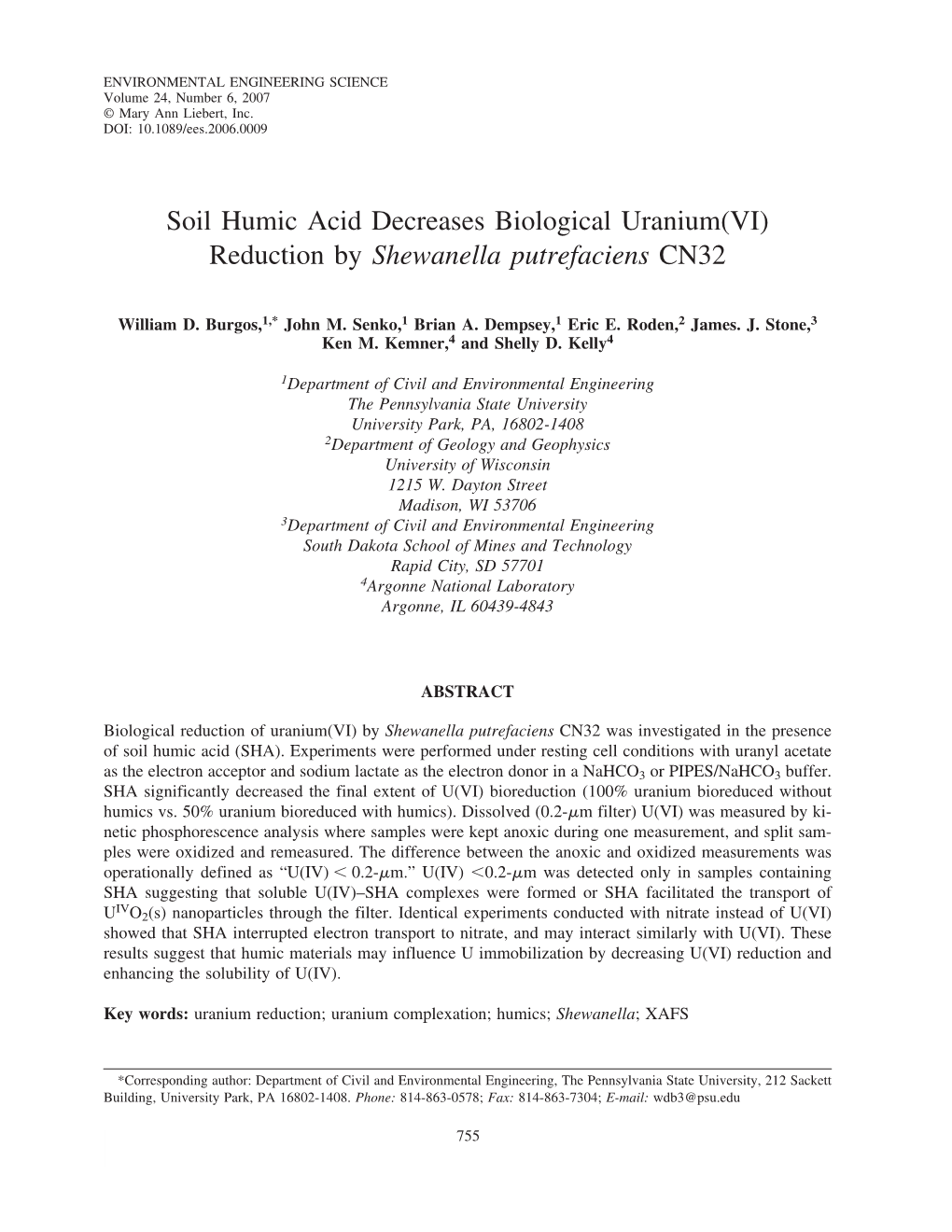 Soil Humic Acid Decreases Biological Uranium(VI) Reduction by Shewanella Putrefaciens CN32