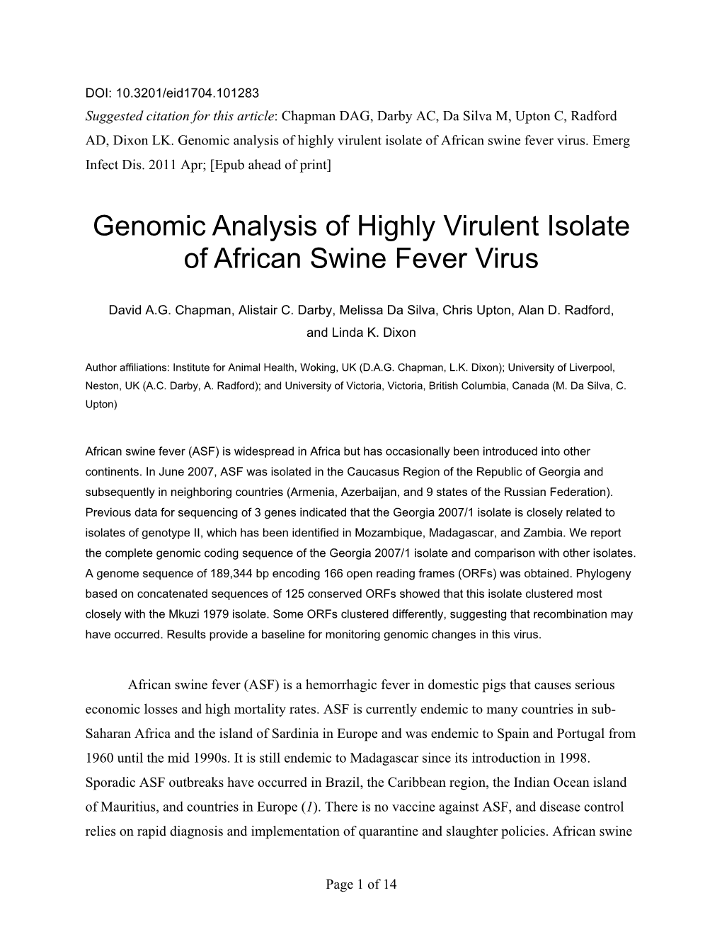 Genomic Analysis of Highly Virulent Isolate of African Swine Fever Virus