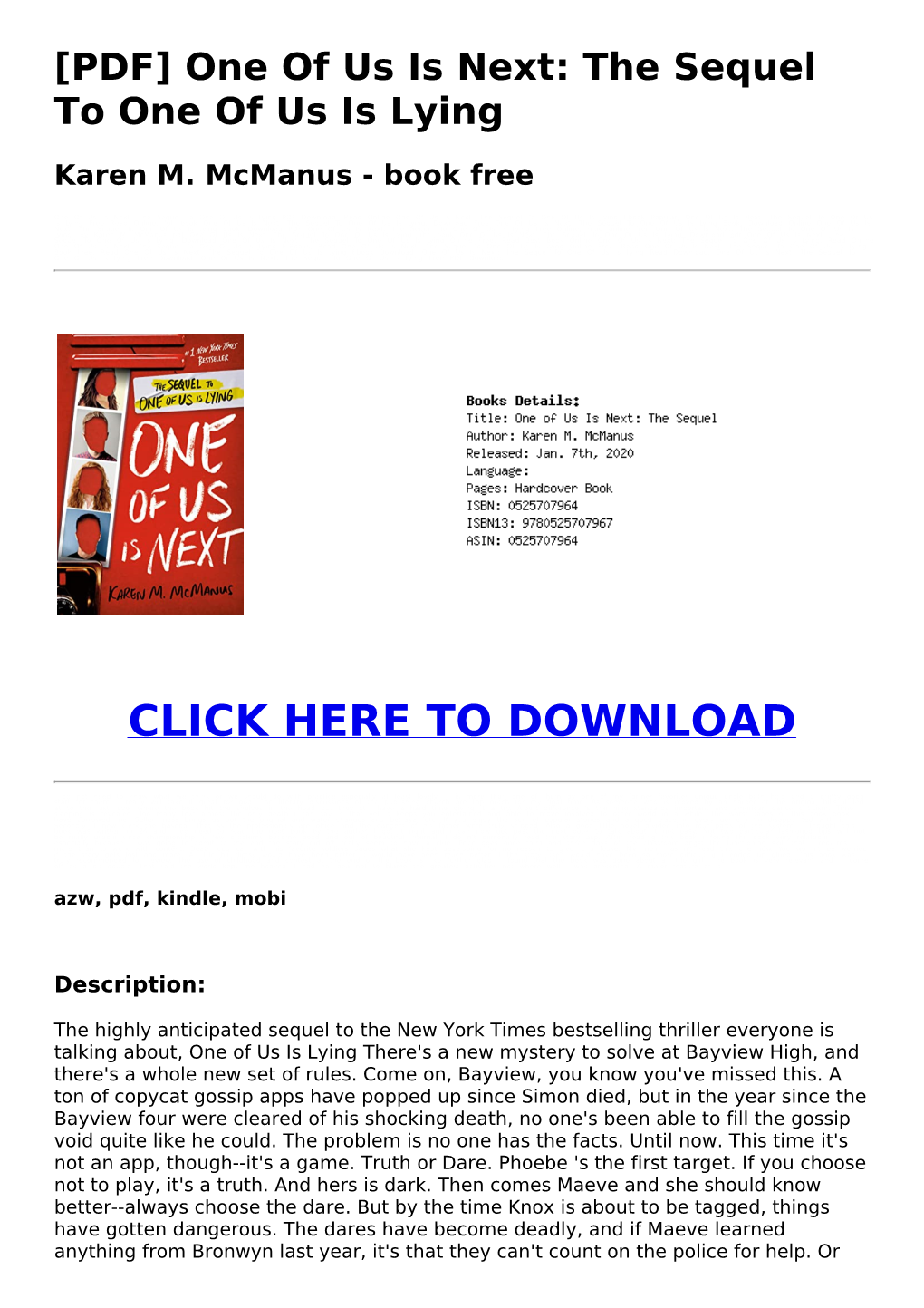 PDF] One of Us Is Next: the Sequel to One of Us Is Lying