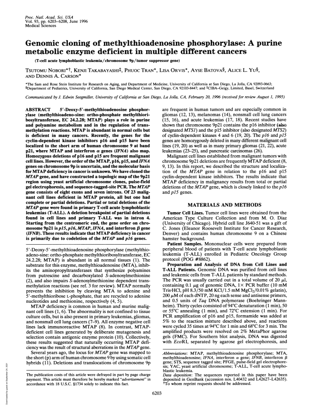 Genomic Cloning of Methylthioadenosine