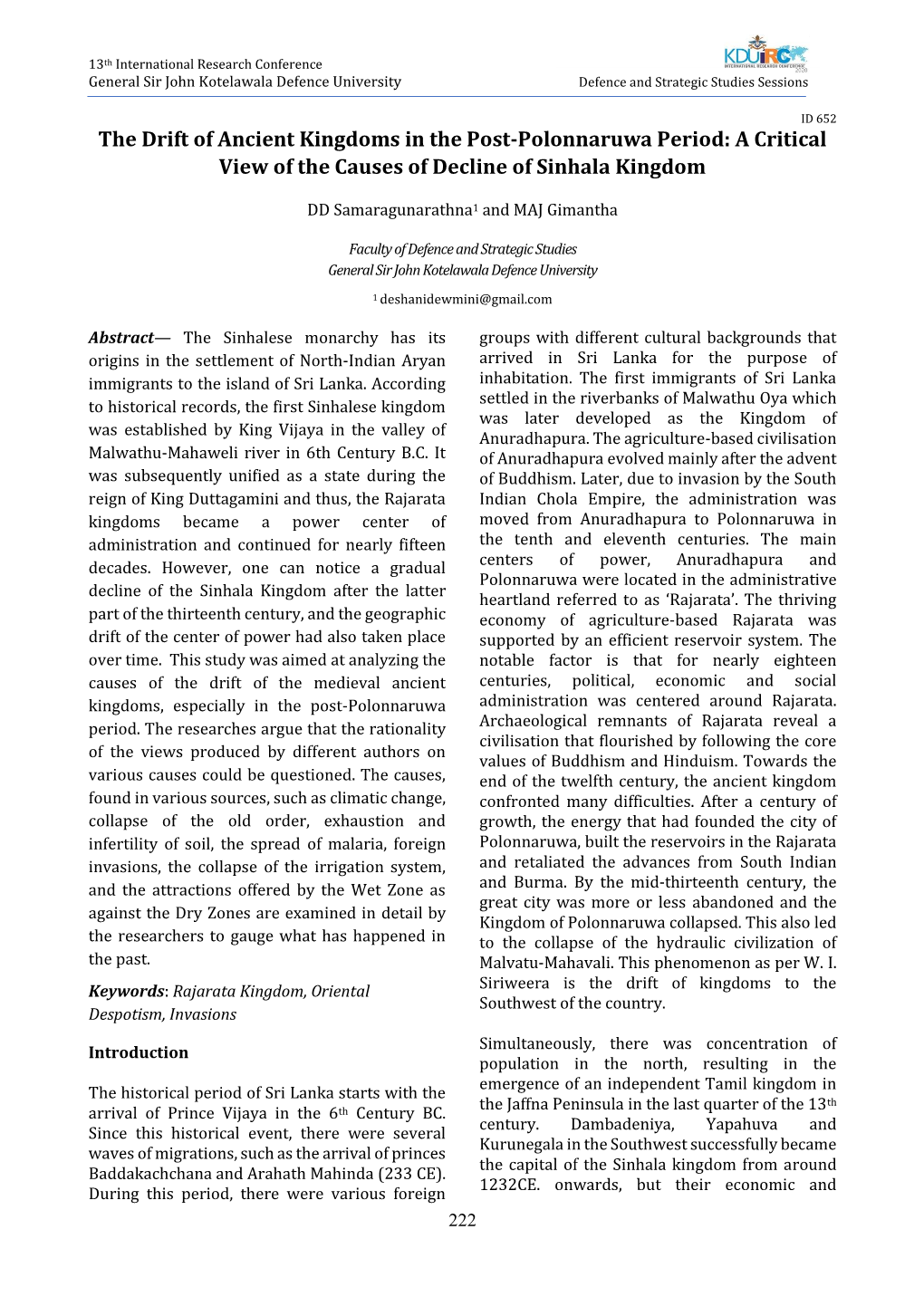 The Drift of Ancient Kingdoms in the Post-Polonnaruwa Period: a Critical View of the Causes of Decline of Sinhala Kingdom