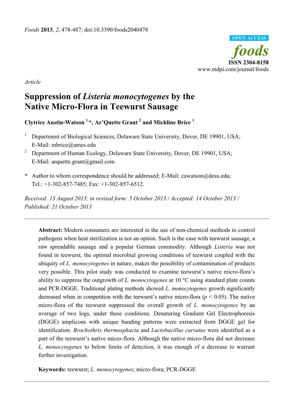 Suppression of Listeria Monocytogenes by the Native Micro-Flora in Teewurst Sausage