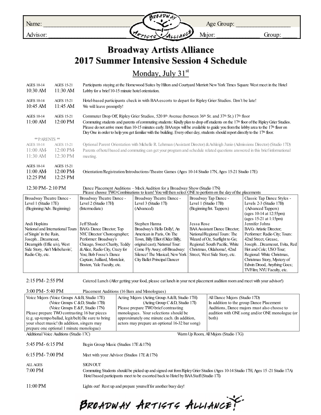 Broadway Artists Alliance 2017 Summer Intensive Session 4 Schedule