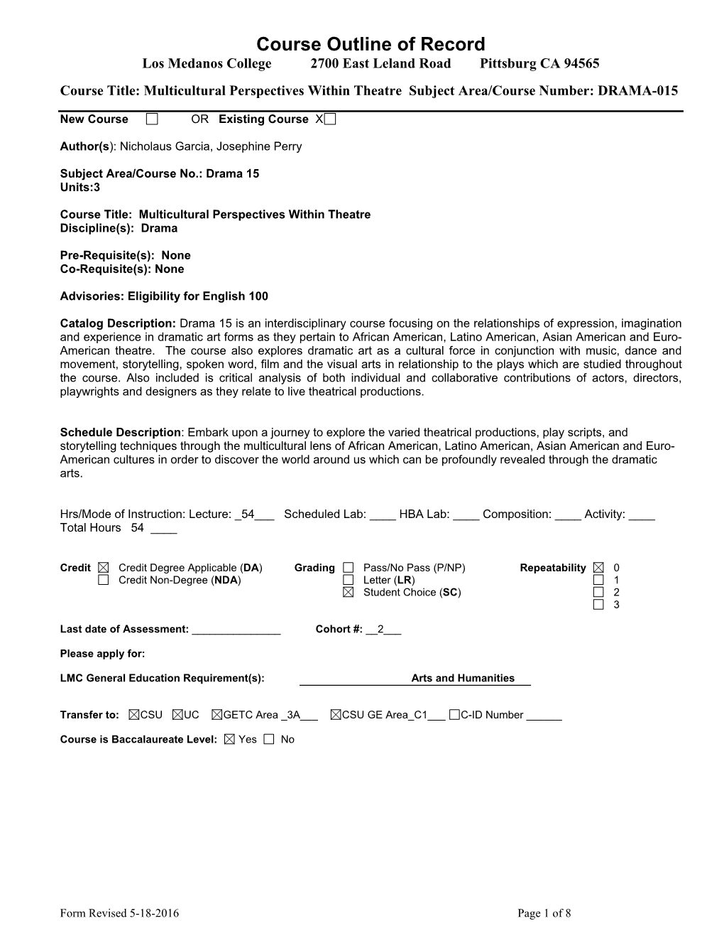 Multicultural Perspectives Within Theatre Subject Area/Course Number: DRAMA-015