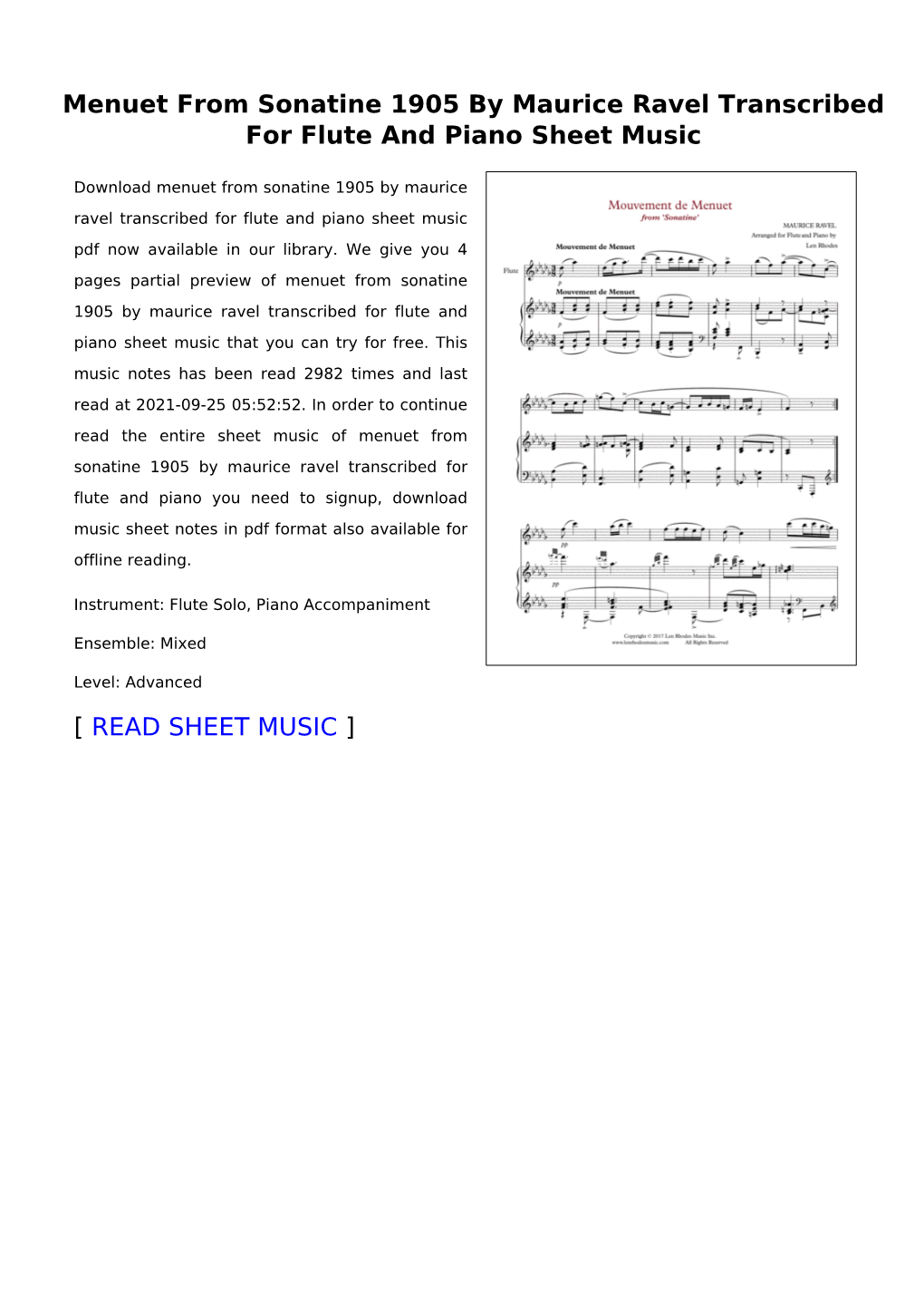 Menuet from Sonatine 1905 by Maurice Ravel Transcribed for Flute and Piano Sheet Music