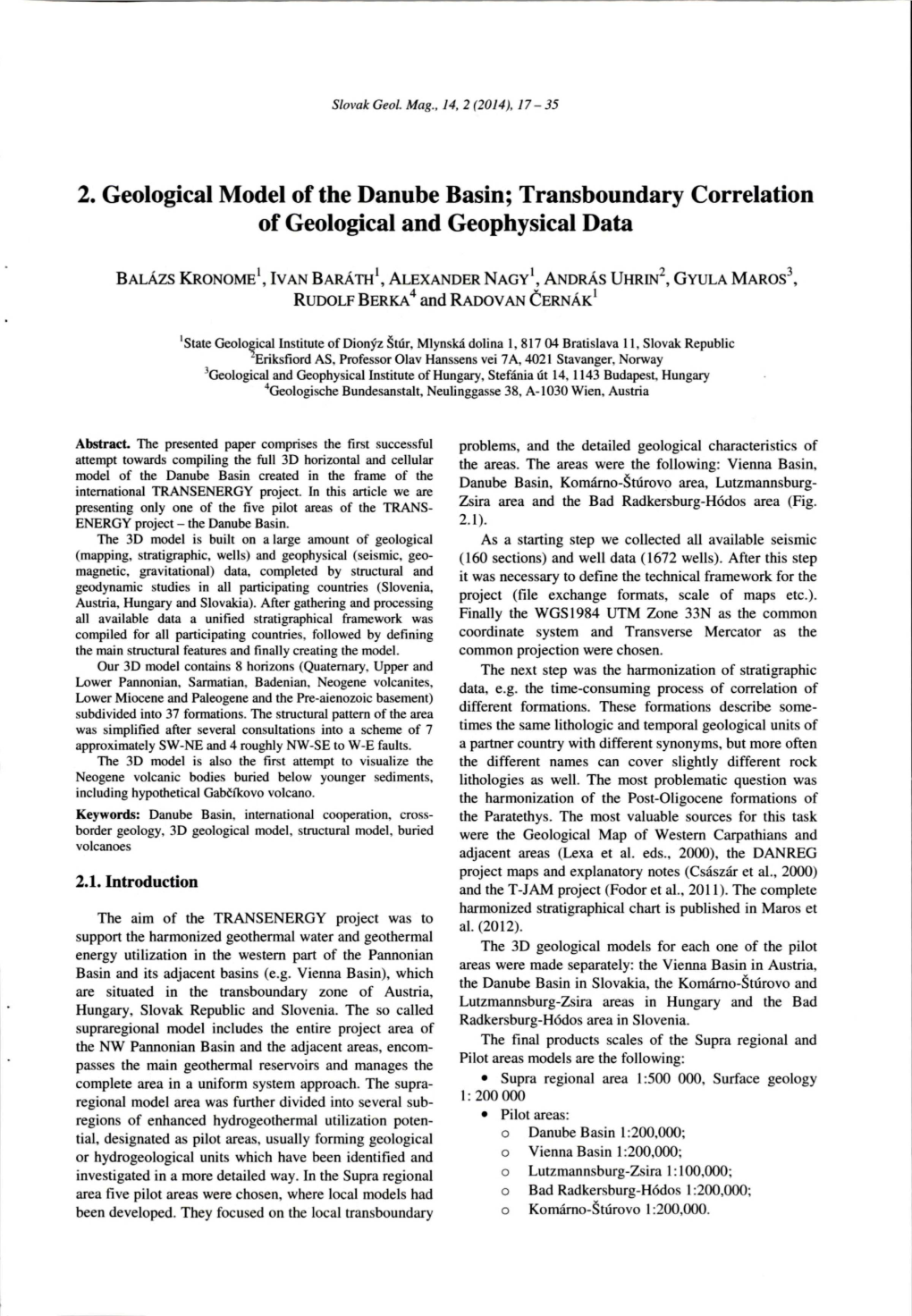 2. Geological Model of the Danube Basin; Transboundary Correlation of Geological and Geophysical Data