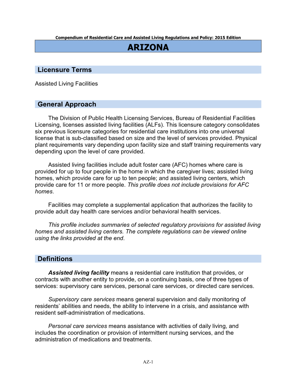 Residential Care/Assisted Living Compendium: Arizona