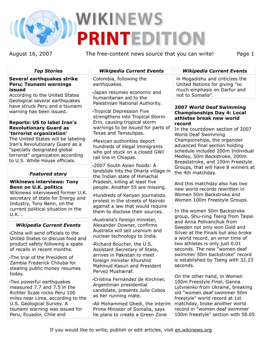 August 16, 2007 the Free-Content News Source That You Can Write! Page 1