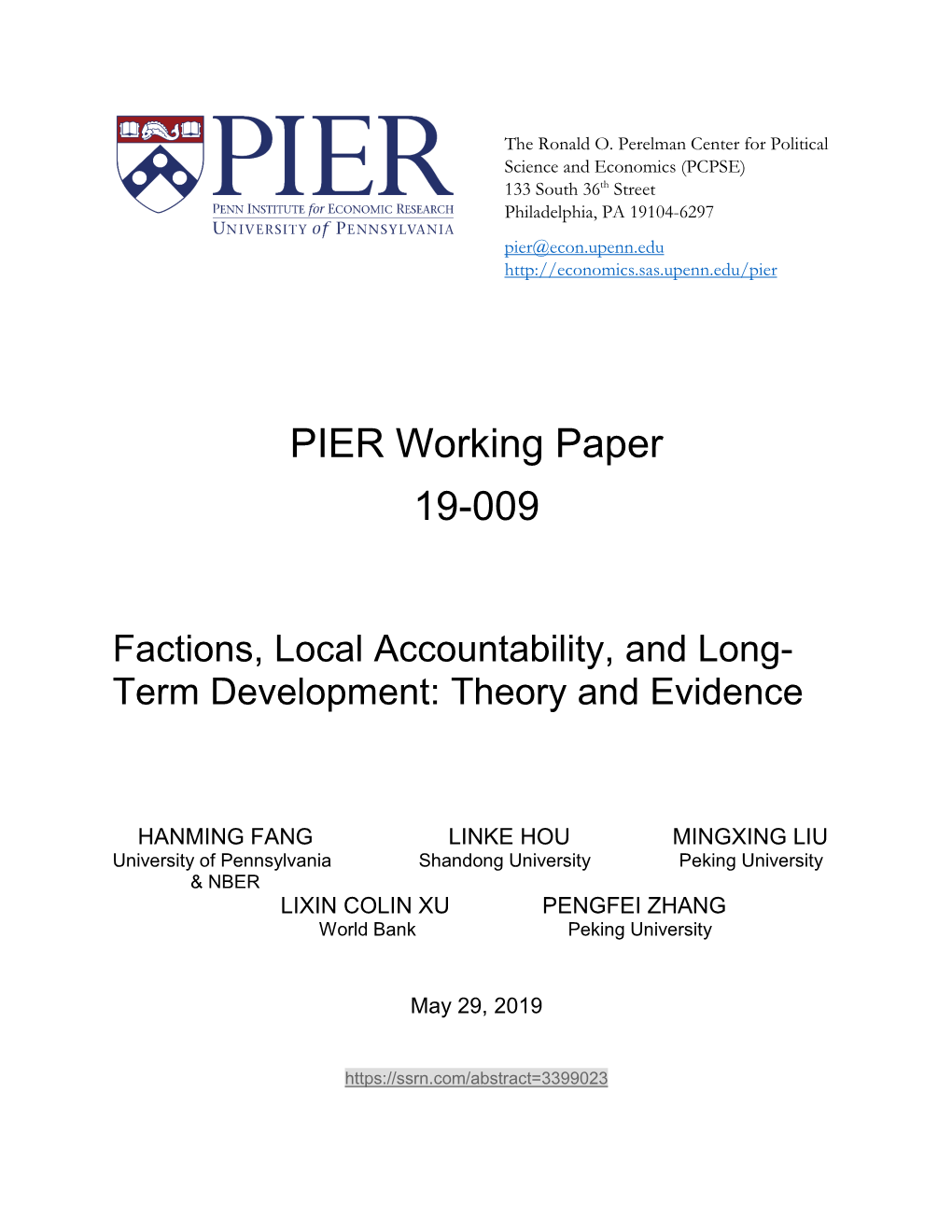 PIER Working Paper 19-009