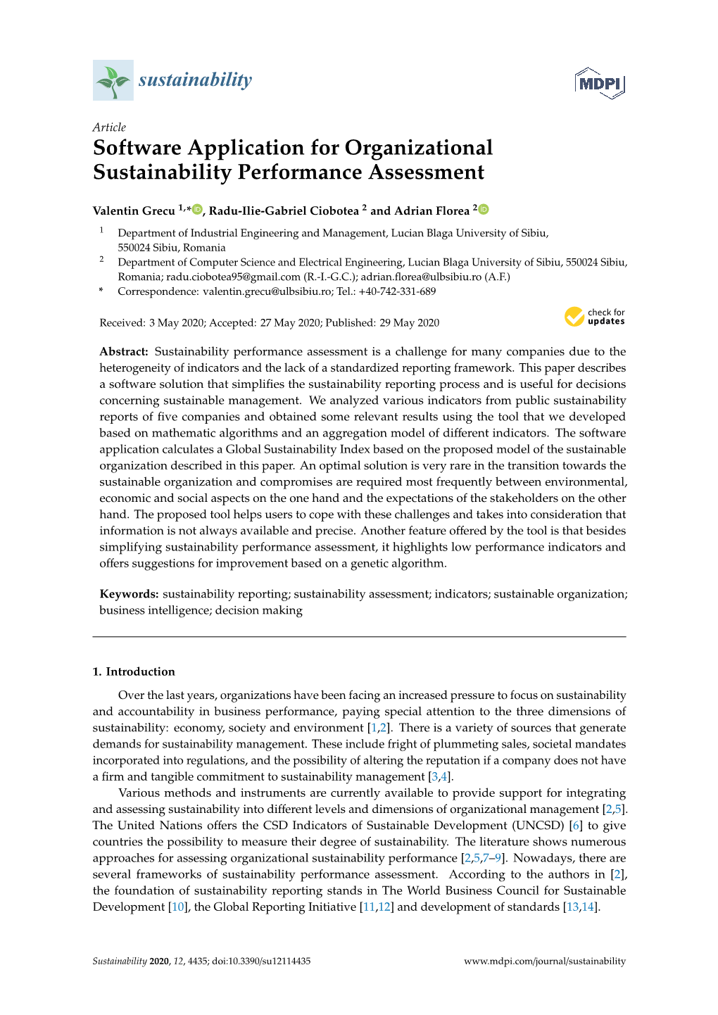 Software Application for Organizational Sustainability Performance Assessment