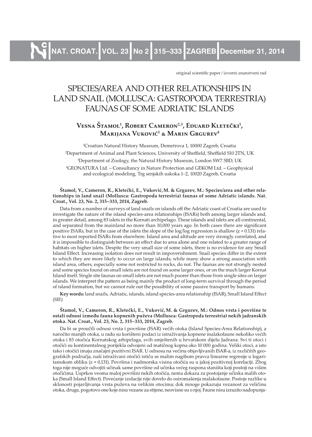 SPECIES/AREA and Other Relationships in LAND Snail (Mollusca: Gastropoda Terrestria) Faunas of Some Adriatic Islands