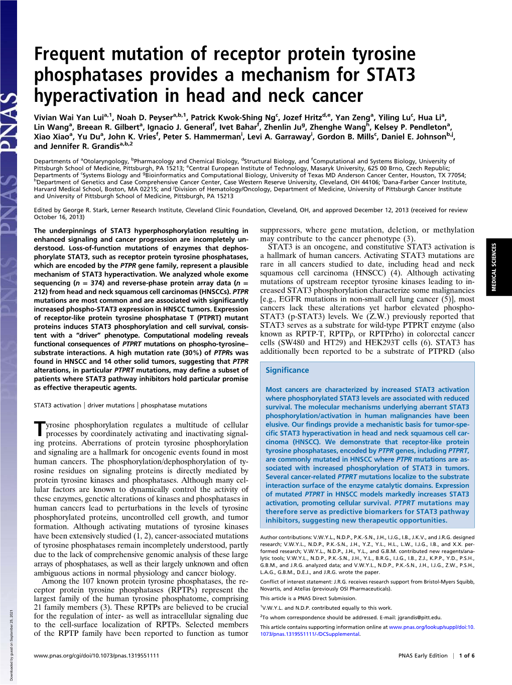 Frequent Mutation of Receptor Protein Tyrosine Phosphatases Provides a Mechanism for STAT3 Hyperactivation in Head and Neck Cancer