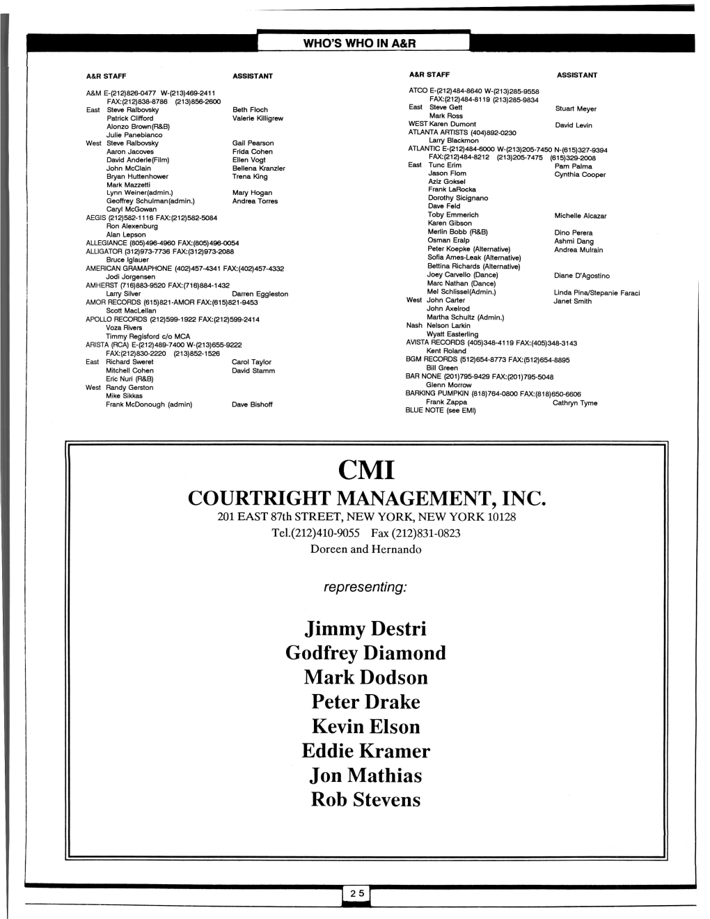 COURTRIGHT MANAGEMENT, INC. Jimmy Destri Godfrey Diamond Mark Dodson Peter Drake Kevin Elson Eddie Kramer Jon Mathias Rob Steven