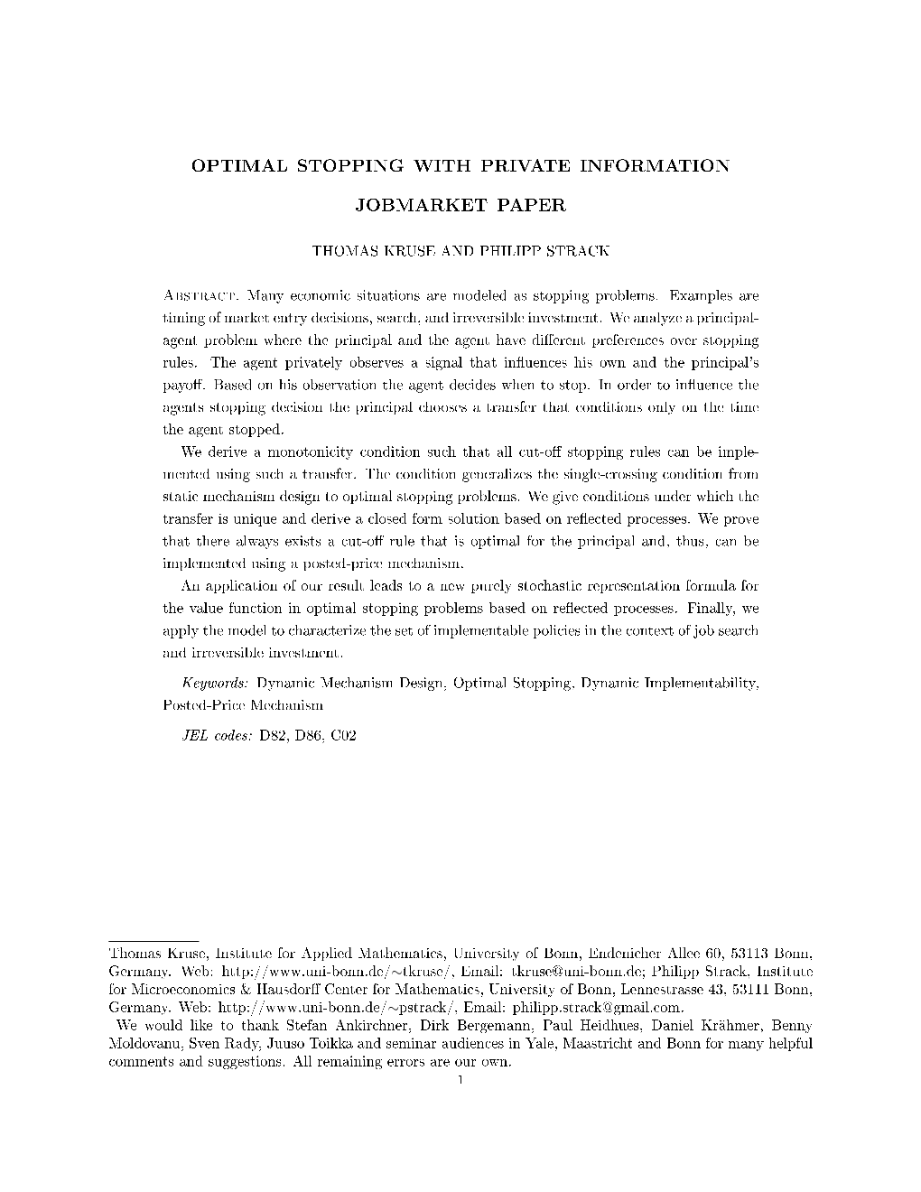 Optimal Stopping with Private Information Jobmarket Paper