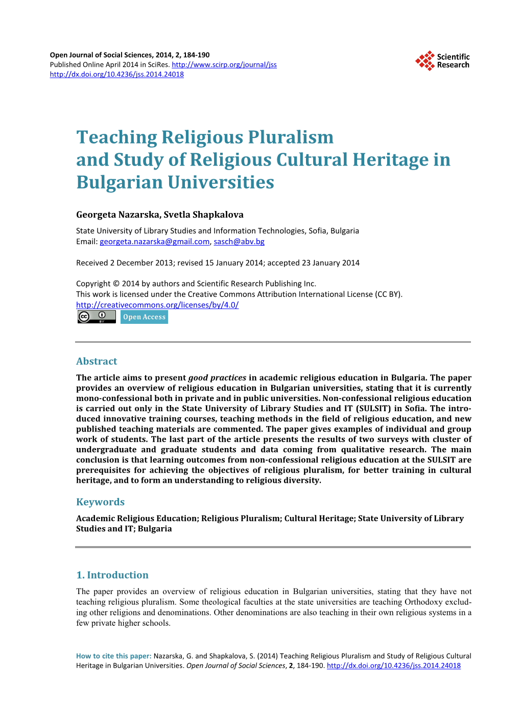 Teaching Religious Pluralism and Study of Religious Cultural Heritage in Bulgarian Universities