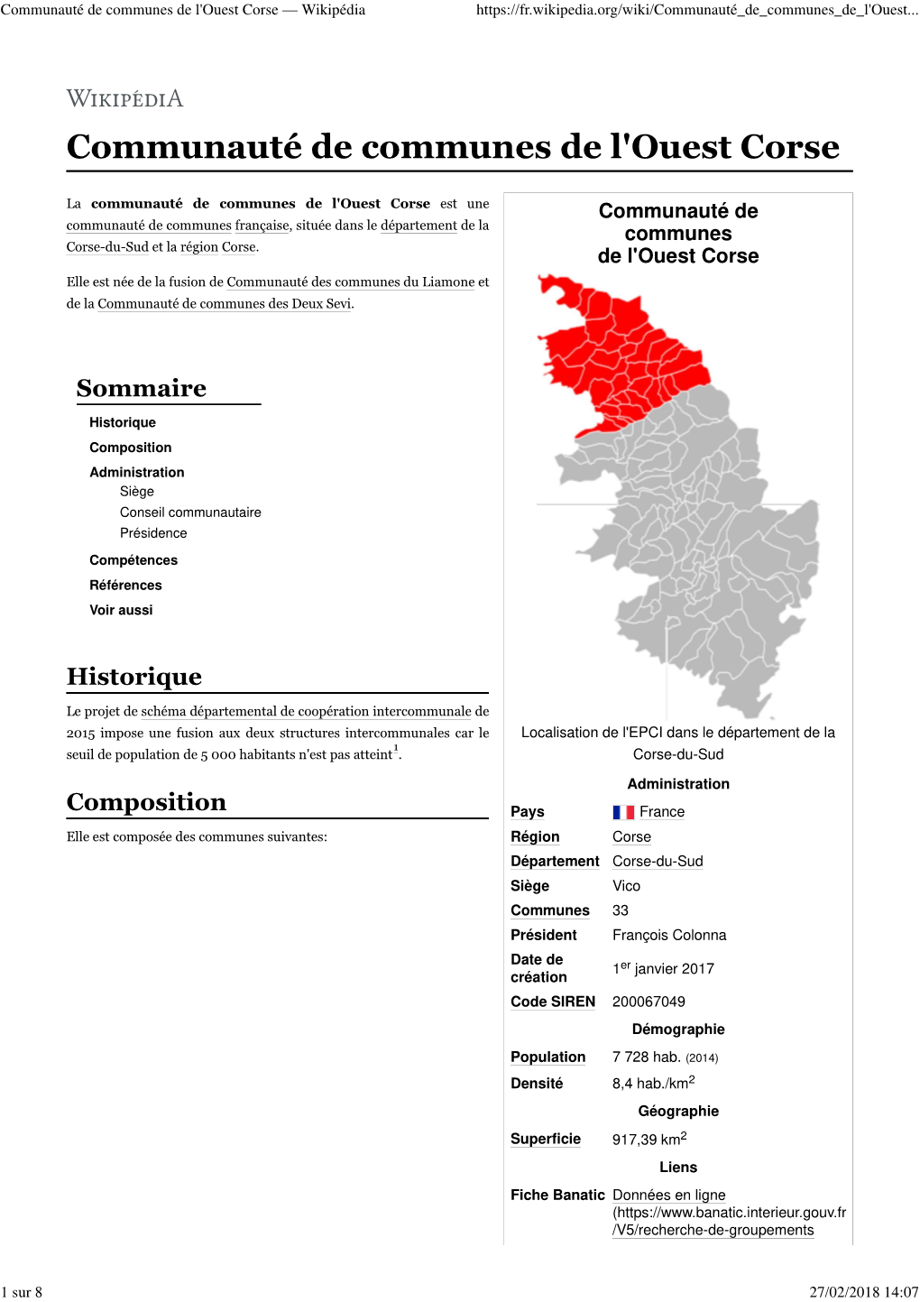 Communauté De Communes De L'ouest Corse — Wikipédia