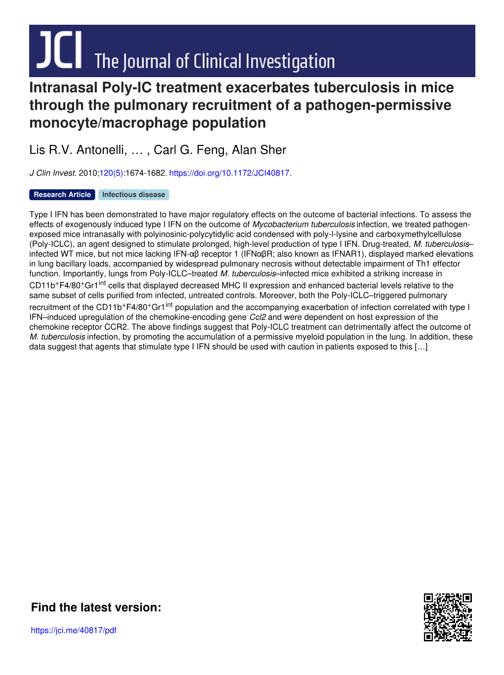 Intranasal Poly-IC Treatment Exacerbates Tuberculosis in Mice Through the Pulmonary Recruitment of a Pathogen-Permissive Monocyte/Macrophage Population