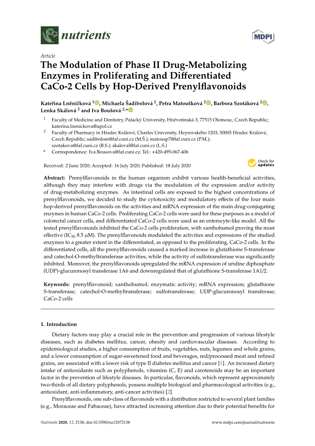 The Modulation of Phase II Drug-Metabolizing Enzymes in Proliferating and Differentiated Caco-2 Cells by Hop-Derived Prenylflavo