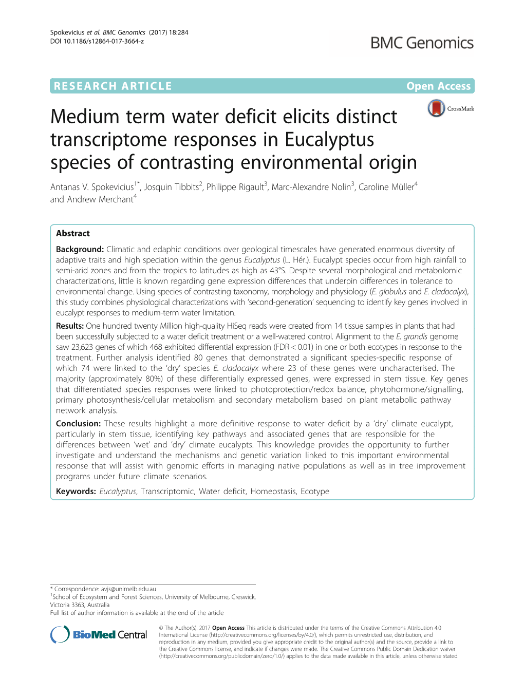 Medium Term Water Deficit Elicits Distinct Transcriptome Responses in Eucalyptus Species of Contrasting Environmental Origin Antanas V