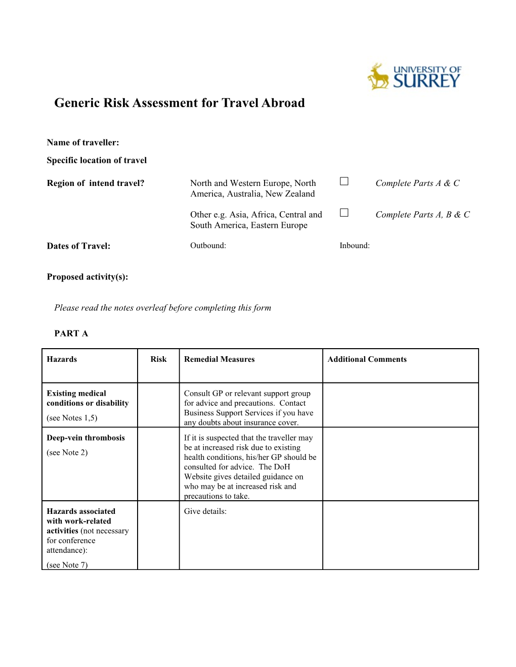 Generic Travel Risk Assessment