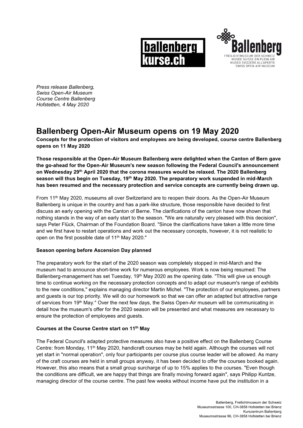 Ballenberg Open-Air Museum Opens on 19 May 2020