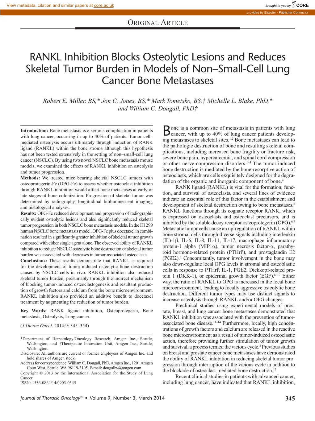 RANKL Inhibition Blocks Osteolytic Lesions and Reduces Skeletal Tumor Burden in Models of Non–Small-Cell Lung Cancer Bone Metastases