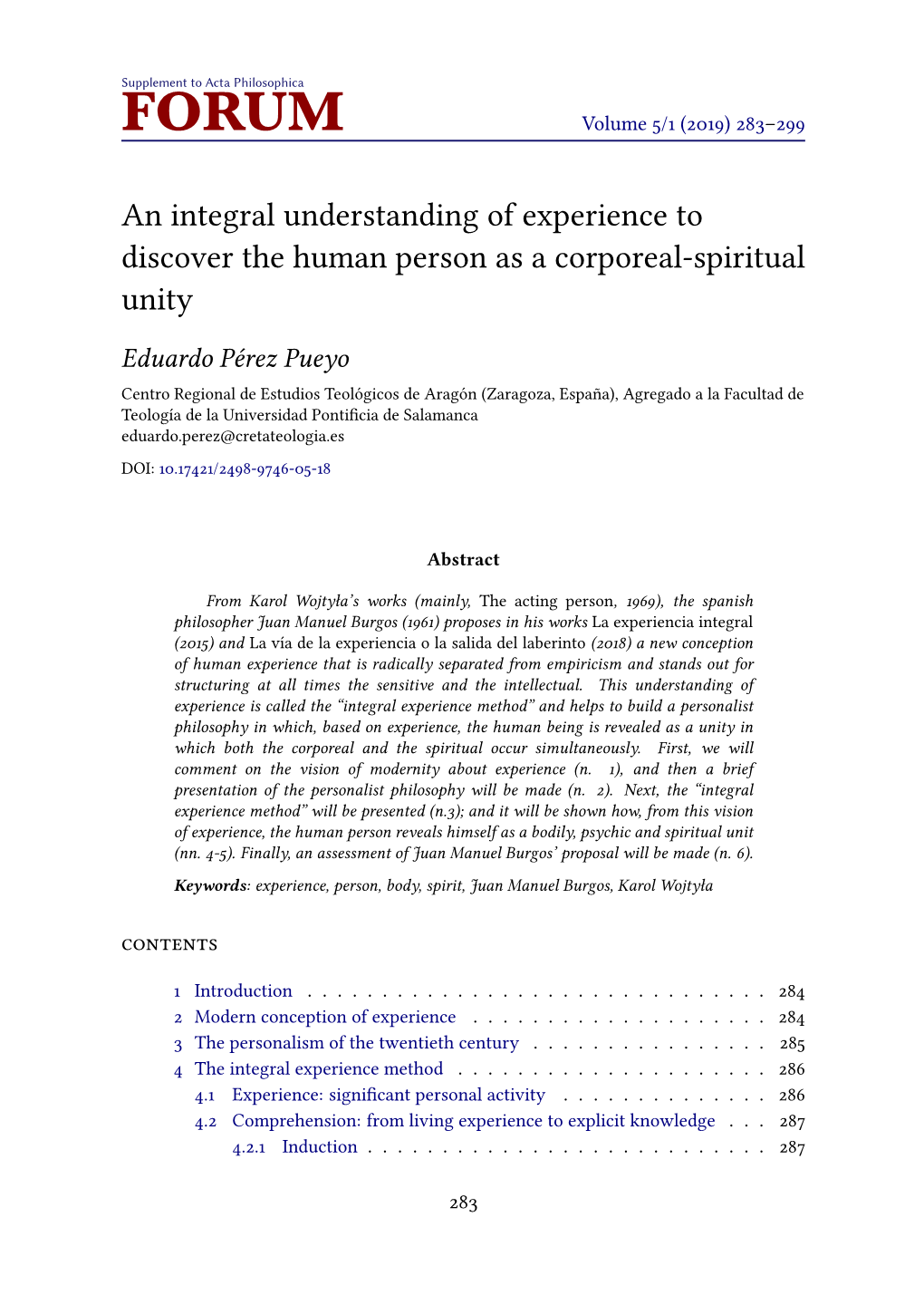 An Integral Understanding of Experience to Discover the Human Person As a Corporeal-Spiritual Unity