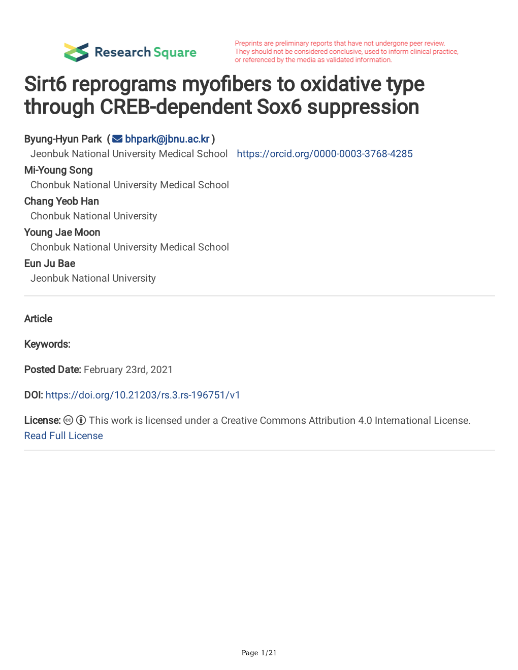 Sirt6 Reprograms Myo Bers to Oxidative Type Through CREB-Dependent