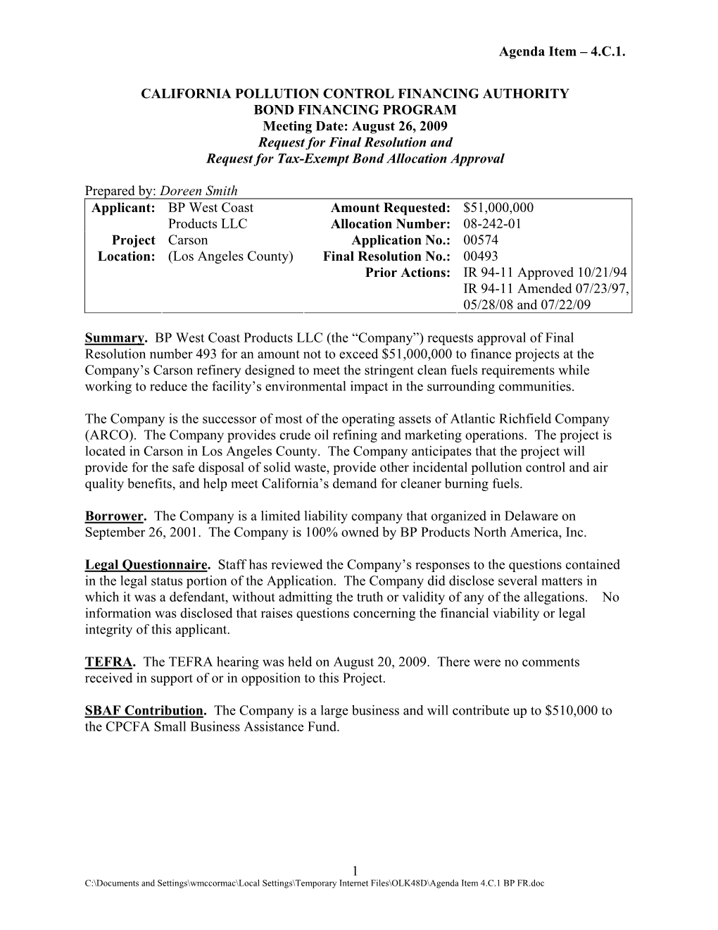 Request for Final Resolution and Request for Tax-Exempt Bond Allocation Approval