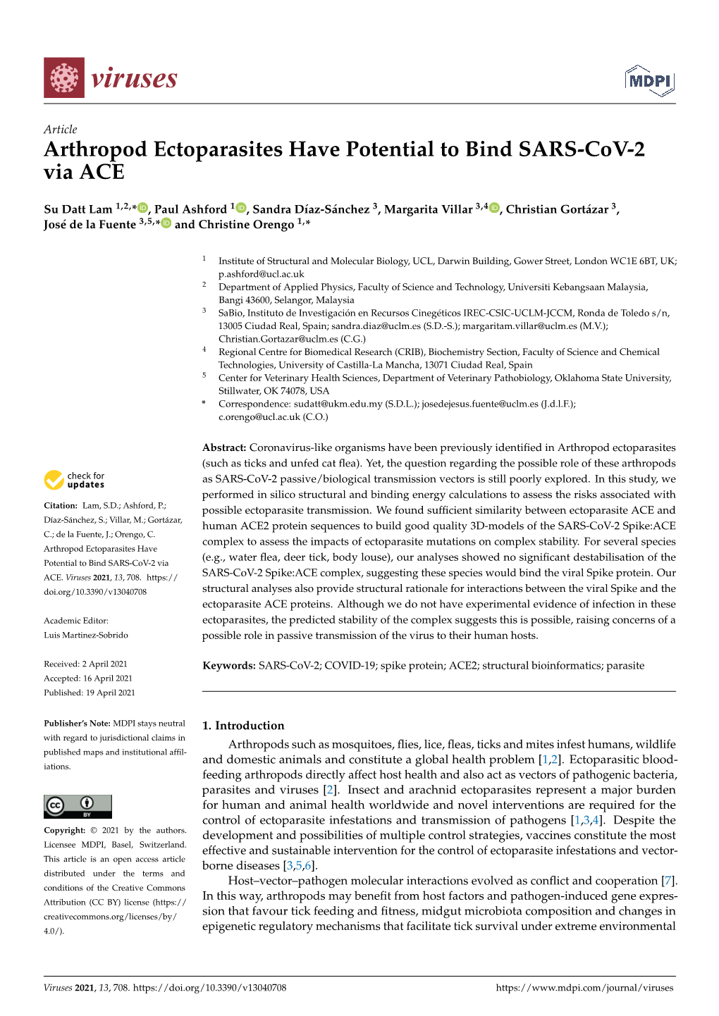 Arthropod Ectoparasites Have Potential to Bind SARS-Cov-2 Via ACE