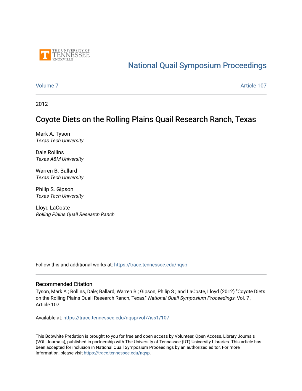 Coyote Diets on the Rolling Plains Quail Research Ranch, Texas