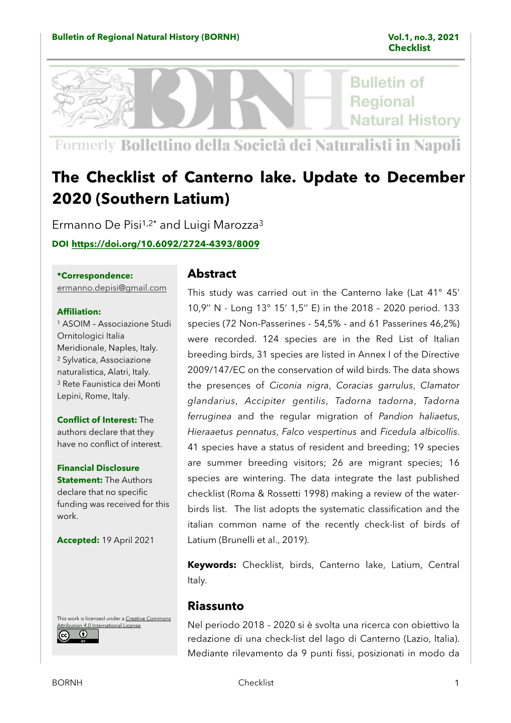 The Checklist of Canterno Lake. Update to December 2020 (Southern Latium) Ermanno De Pisi1,2* and Luigi Marozza3 DOI