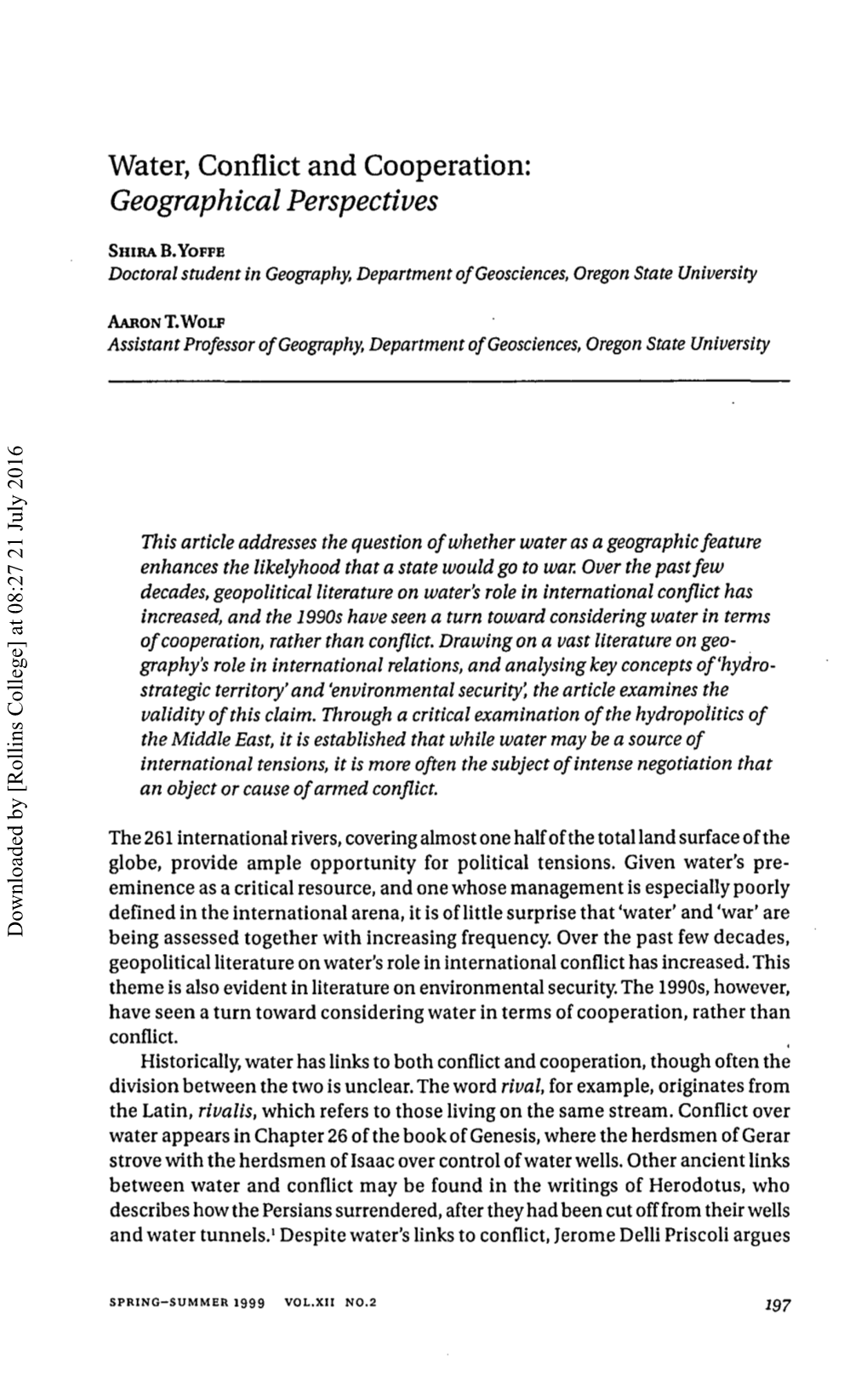 Water, Conflict and Cooperation: Geographical Perspectives