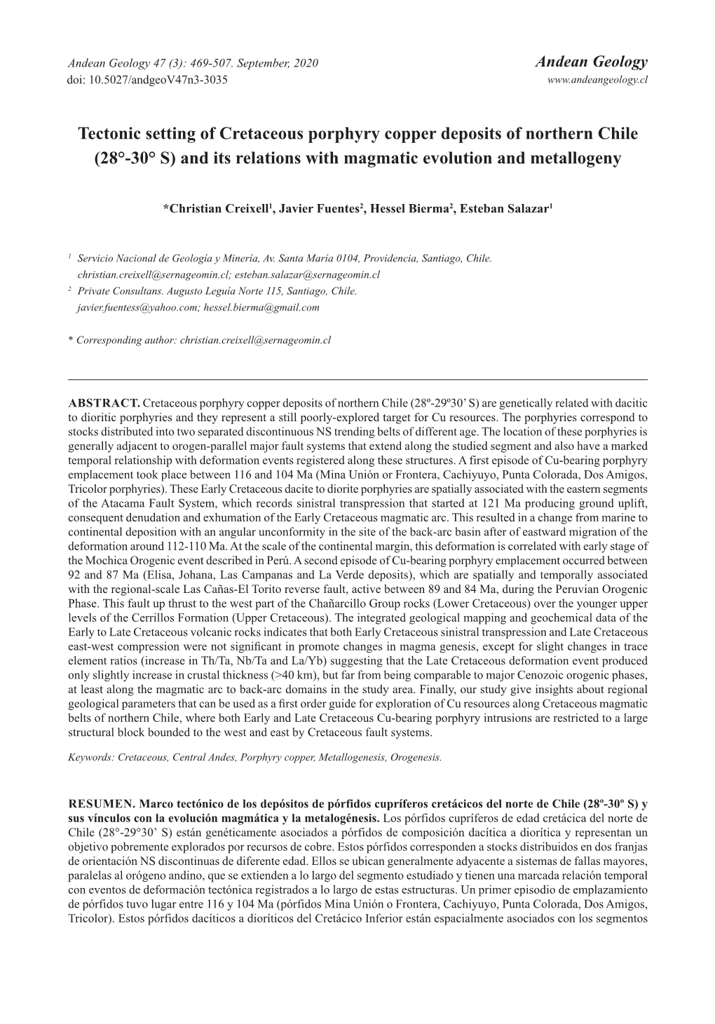 Tectonic Setting of Cretaceous Porphyry Copper Deposits of Northern Chile (28°-30° S) and Its Relations with Magmatic Evolution and Metallogeny