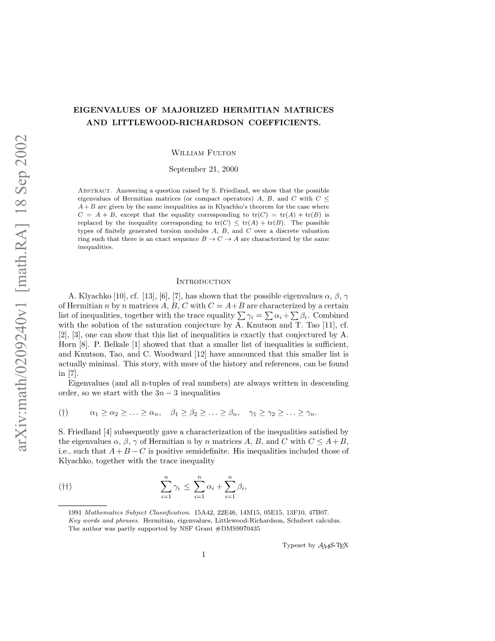 Arxiv:Math/0209240V1 [Math.RA] 18 Sep 2002 Fhermitian of Ito Nqaiis Oehrwt H Rc Equality Trace the with Together Inequalities, of List