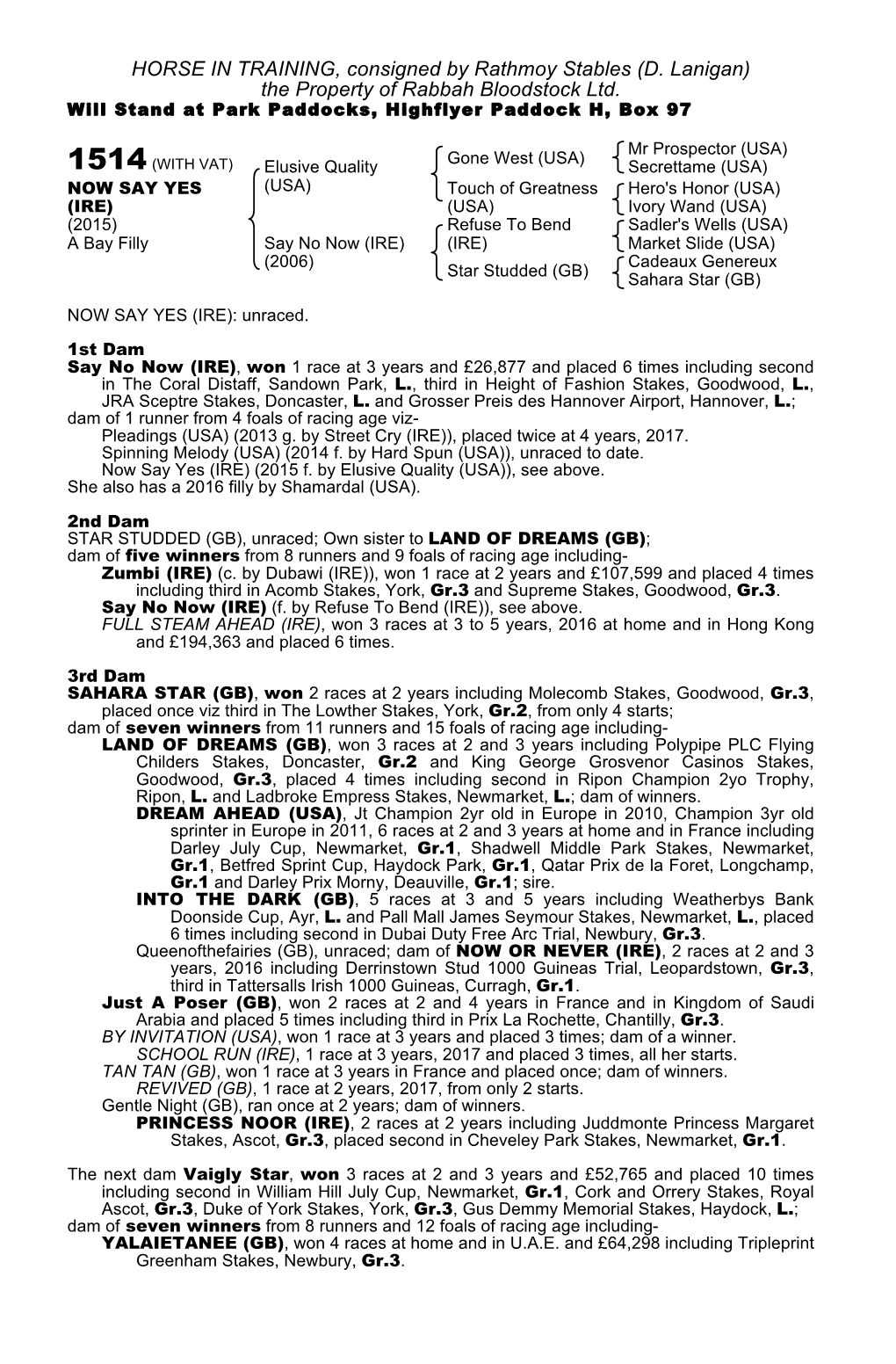 HORSE in TRAINING, Consigned by Rathmoy Stables (D. Lanigan) the Property of Rabbah Bloodstock Ltd. Will Stand at Park Paddocks, Highflyer Paddock H, Box 97