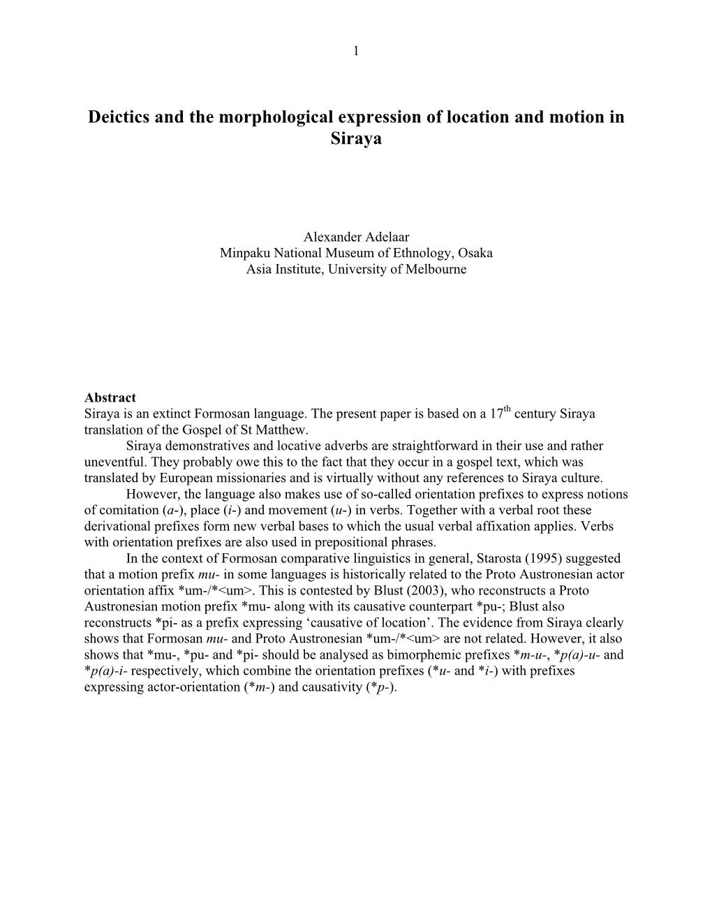 Deictics and the Morphological Expression of Location and Motion in Siraya