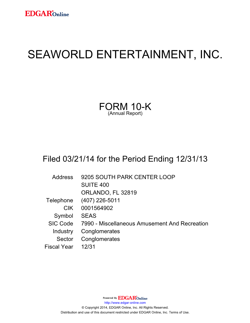 Seaworld Entertainment, Inc