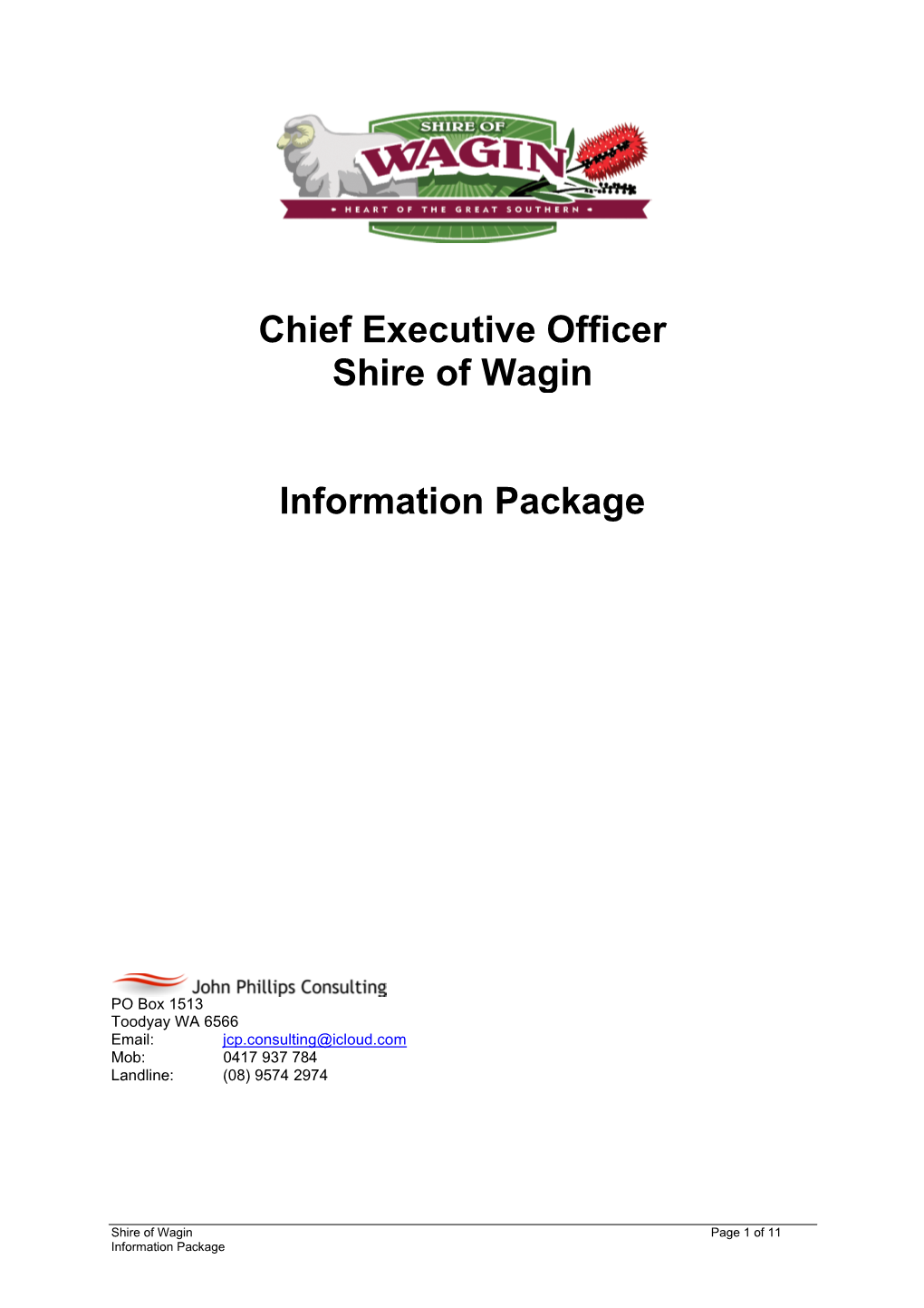Chief Executive Officer Shire of Wagin Information Package
