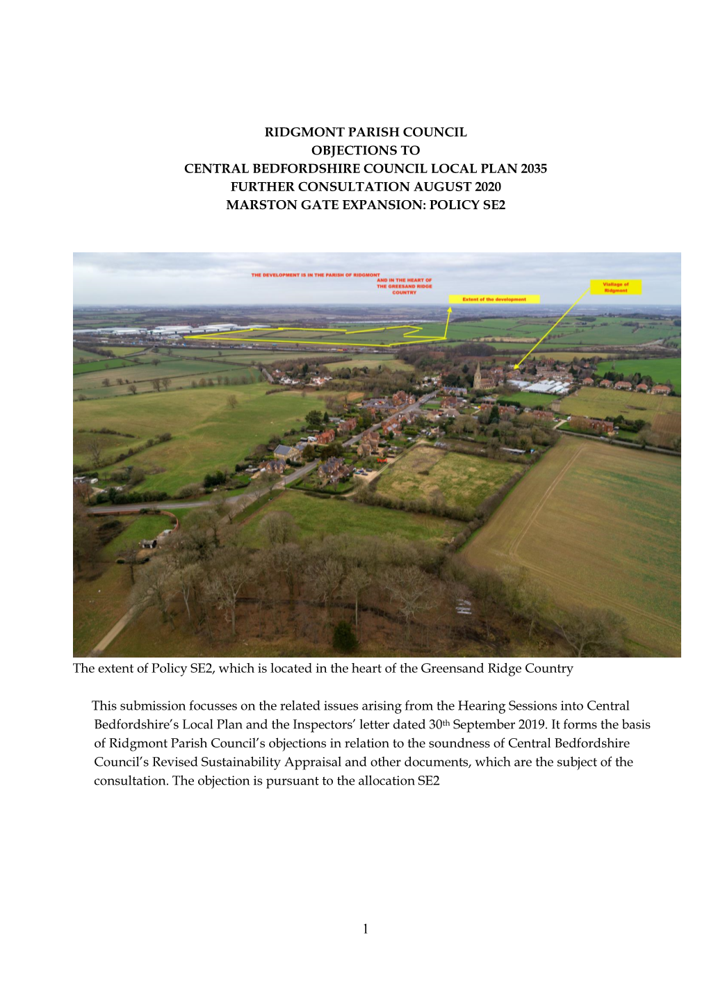 Ridgmont Parish Council Objections to Central Bedfordshire Council Local Plan 2035 Further Consultation August 2020 Marston Gate Expansion: Policy Se2