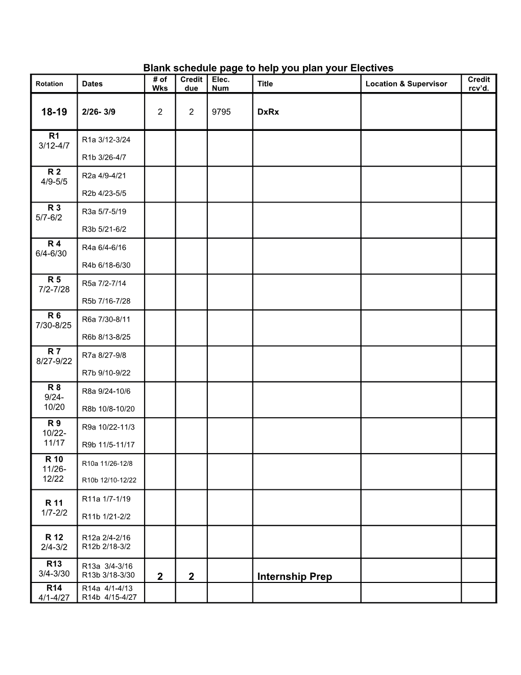 Blank Schedule Page to Help You Plan Your Electives s1